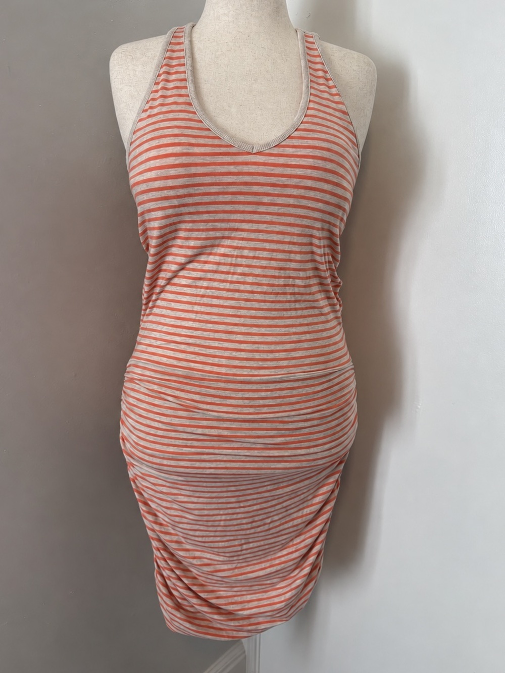 Athleta Stripe Tee Racerback Dress M Orange Ruched Built-In Bra Midi